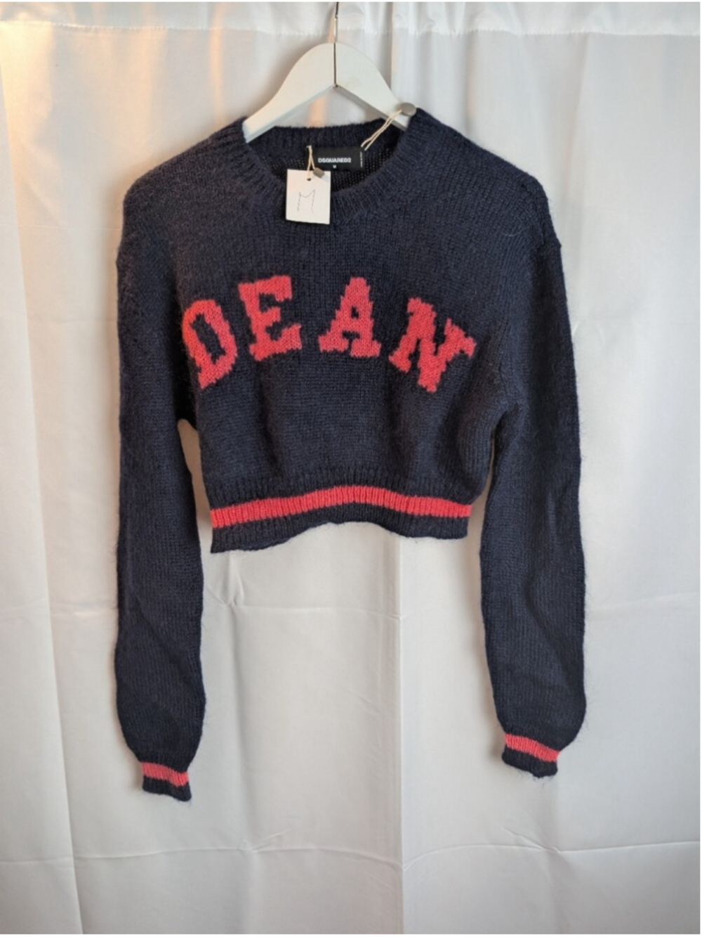 DSQUARED2 Navy and Red Cropped Crewneck Sweater with DEAN Logo Size M BNWT